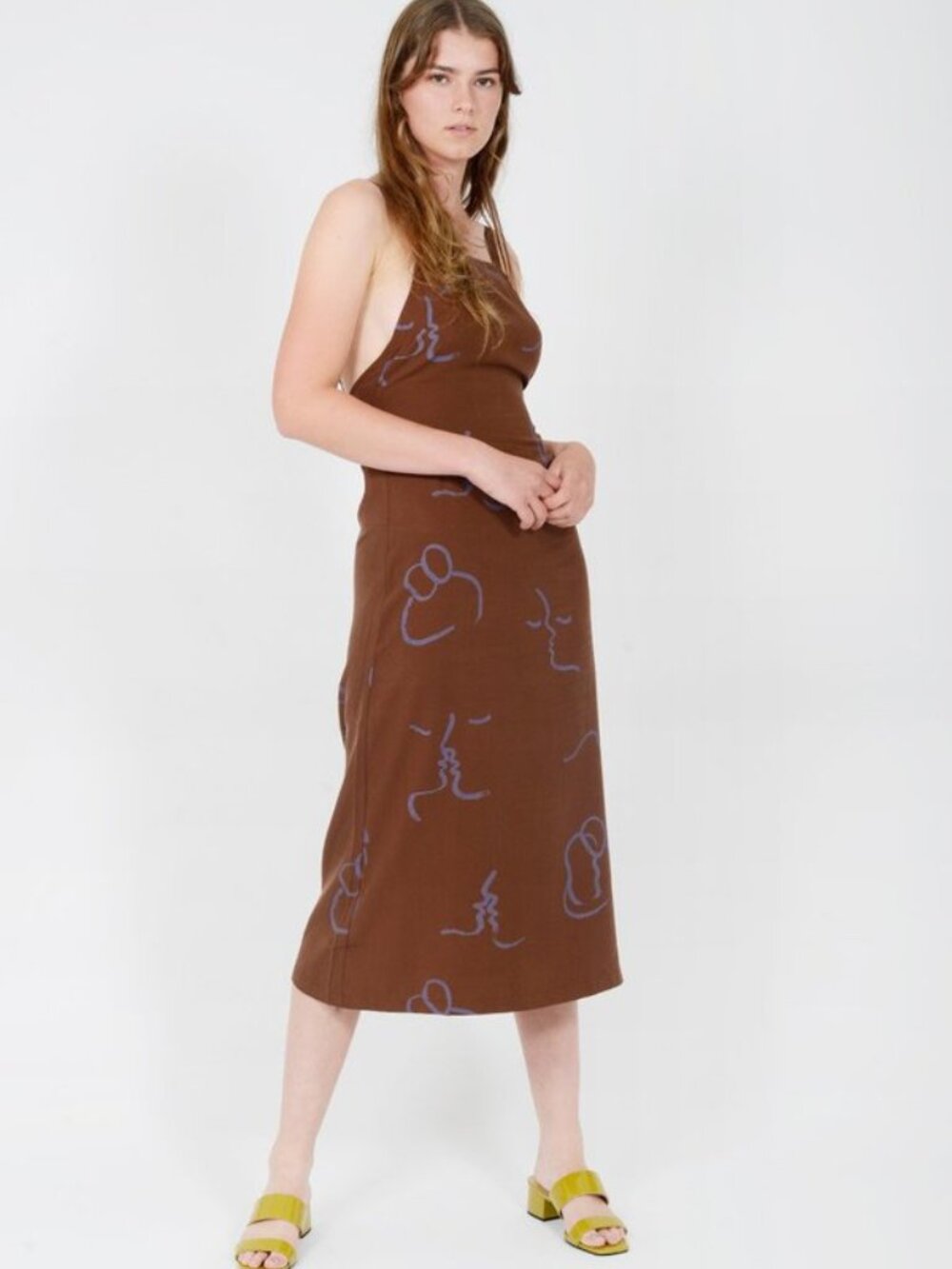 Paloma Wool Brown Midi Dress with Blue Abstract Line Print - Picture 2 of 12
